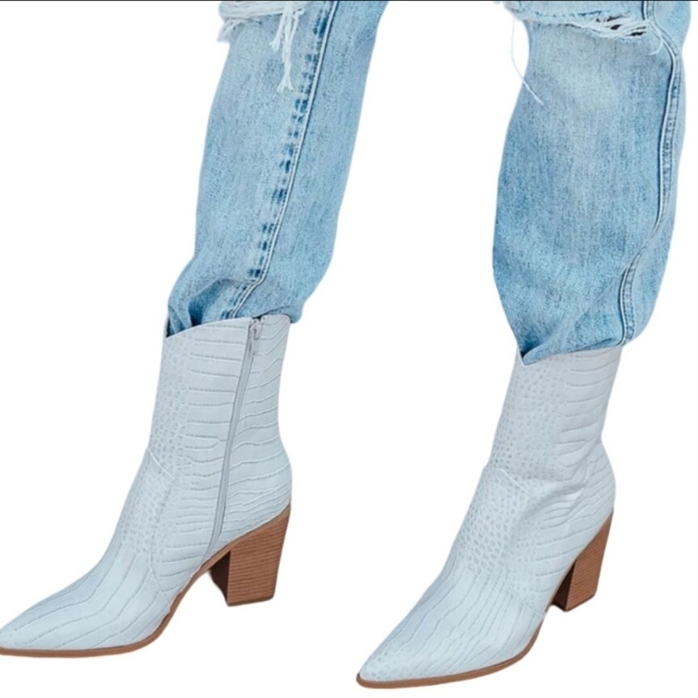Lulus Eleora Bone Croc Embossed Mid Calf High Heel Western Boots Size 11